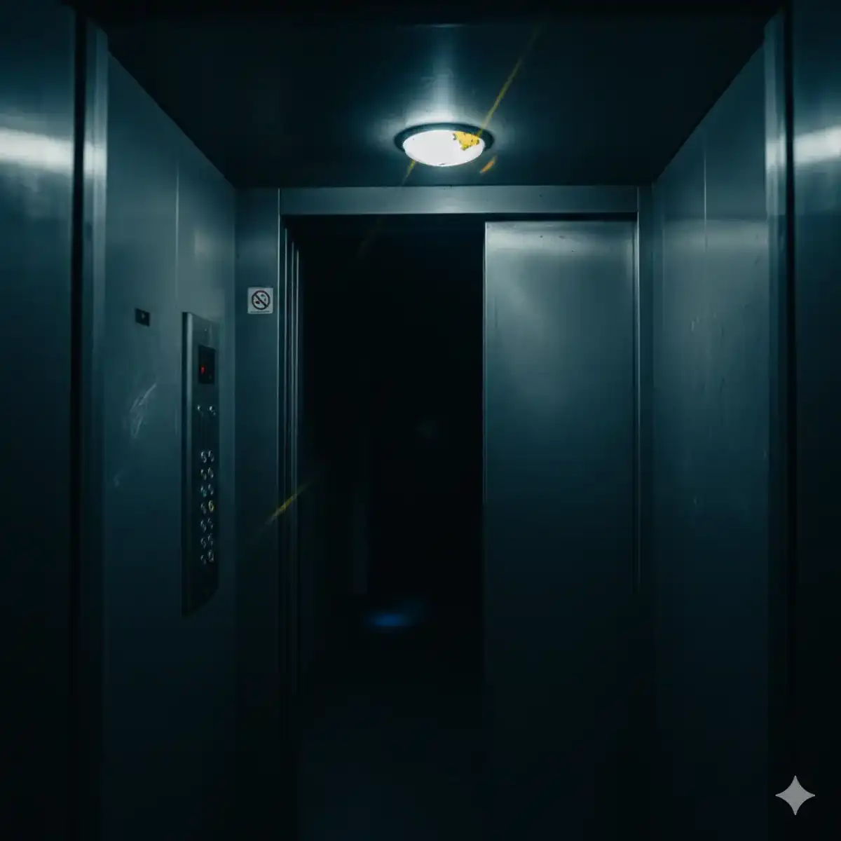 El interior de un ascendsor con la puertaabierta que muestra el oscuro rellano - Pedro Guzmán te relata los miedos de su personaje a los ascensores - Relato sobre Inanimado en Arquitectura de lo Mínimo