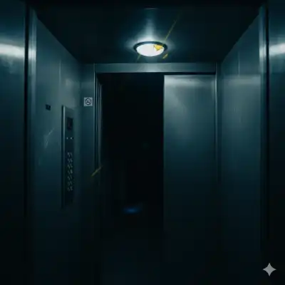 El interior de un ascendsor con la puertaabierta que muestra el oscuro rellano - Pedro Guzmán te relata los miedos de su personaje a los ascensores - Relato sobre Inanimado en Arquitectura de lo Mínimo