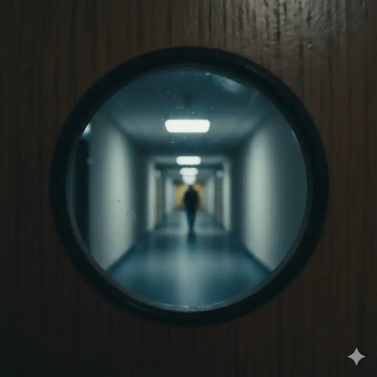 A través de la mirilla se ve a un hombre en un rellano con varias puertas - Microrrelato de arquitectura cotidiana sobre encuentros fallidos en Arquitectura de lo Mínimo - Relato sobre Lejos de mí en Arquitectura de lo Mínimo