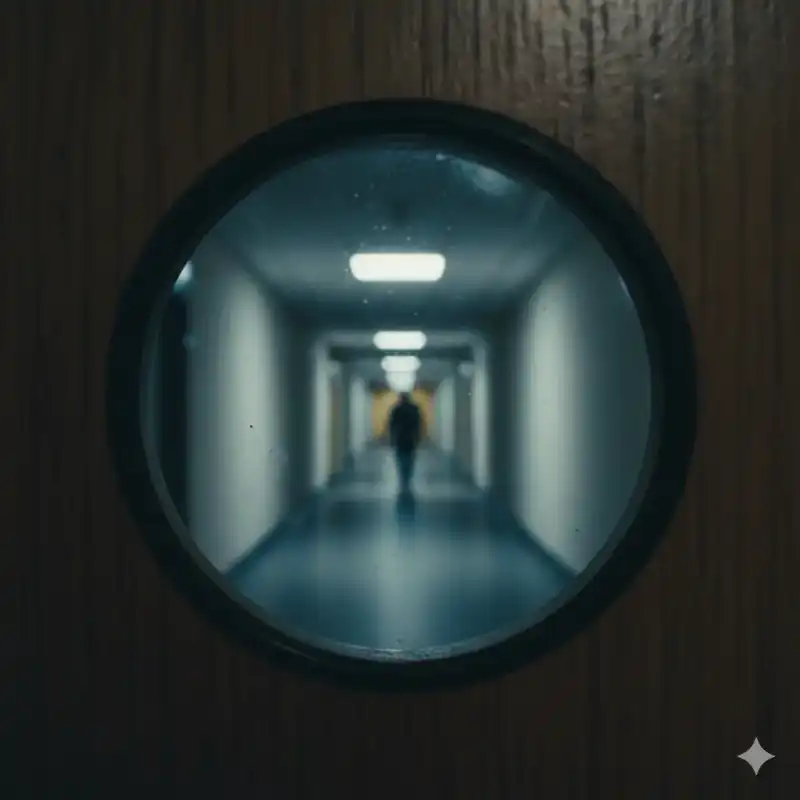 A través de la mirilla se ve a un hombre en un rellano con varias puertas - Microrrelato de arquitectura cotidiana sobre encuentros fallidos en Arquitectura de lo Mínimo - Relato sobre Lejos de mí en Arquitectura de lo Mínimo