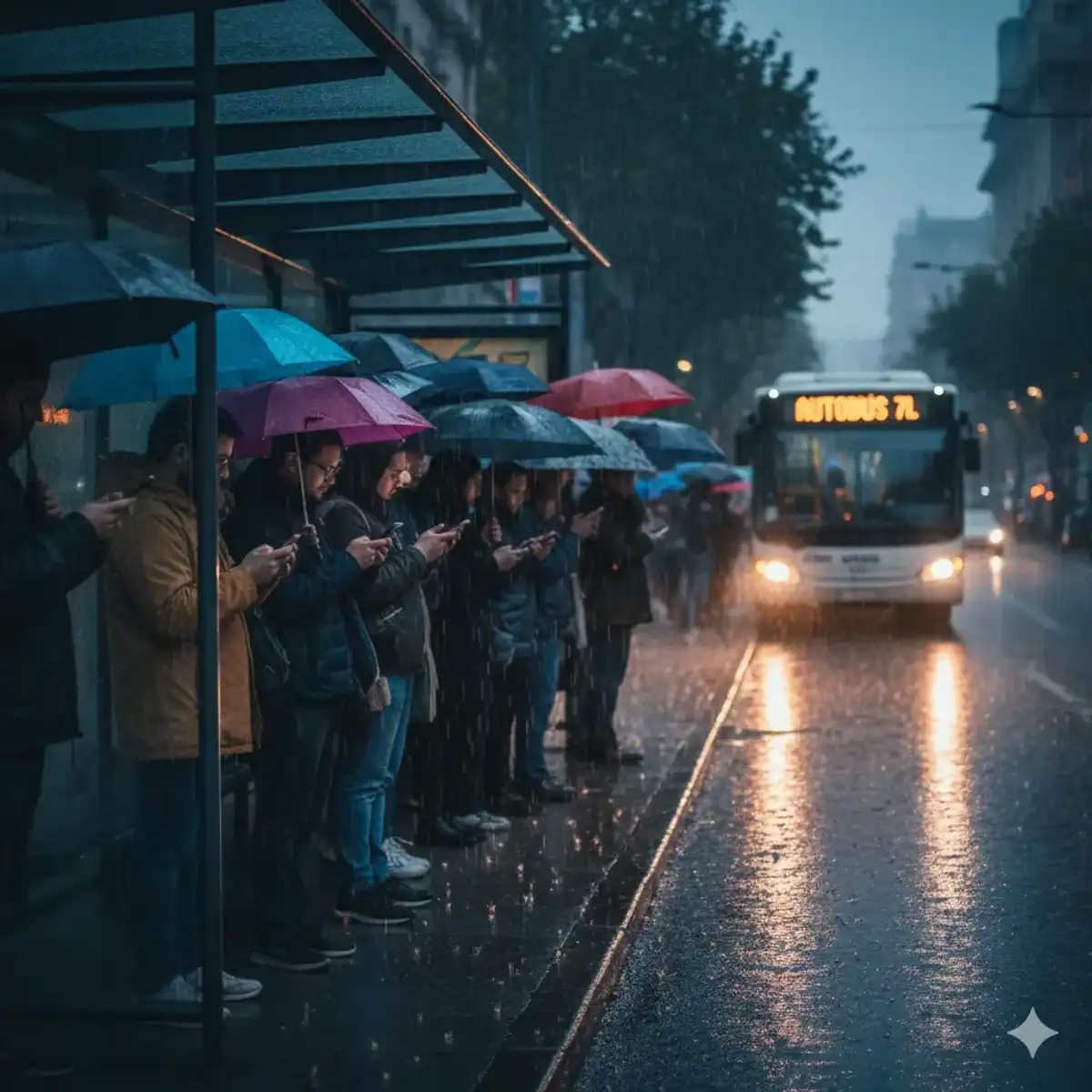 Grupo de personas resguardadas bajo marquesina en día de lluvia - Relato corto de espera y soledad urbana por Pedro Guzmán - Relato sobre No Mires Atrás en Arquitectura de lo Mínimo
